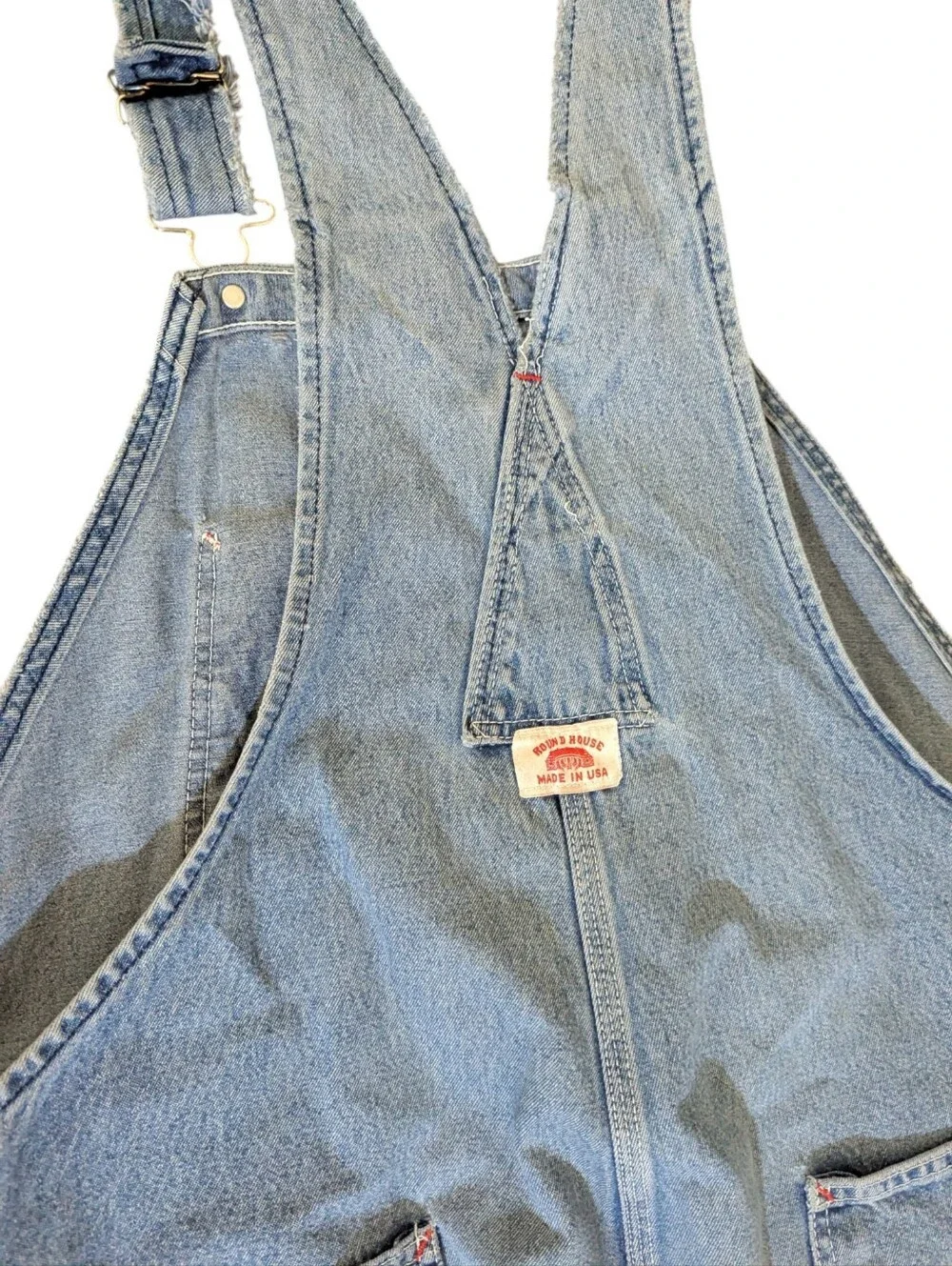 Vtg. Round House Light Blue Denim Overalls Authentic Kansas Farmer Thrashed
